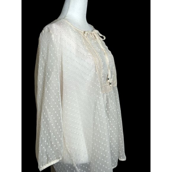 Maurices Size M Womens Sheer Polka Dot Cream Relax Blouse With Crochet Detail - Picture 2 of 9